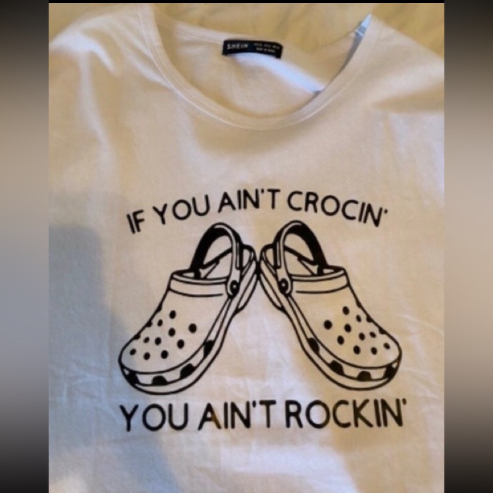 SHEIN white croc shoes shirt